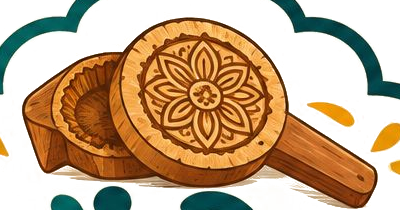 Illustration of a carved wooden saancha mould pressing a thekua